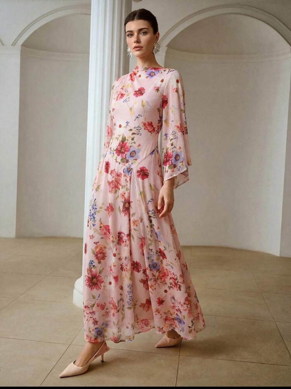 Women’s Pink Floral Maxi Dress - Elegant Long Sleeve Occasion Dress